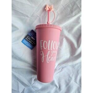 Zinny Follow your Heart Tumbler With Pink  Bow‎ Straw 22 oz NWT